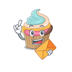 Happy face rainbow cupcake mascot design with envelope