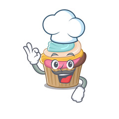Rainbow cupcake cartoon character working as a chef and wearing white hat