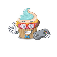 Smiley gamer rainbow cupcake cartoon mascot style