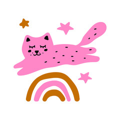 Cat jumping over rainbow. Hand drawn vector illustration on white background.