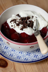 Rote Grütze mit Obers und Schokoladensplitter