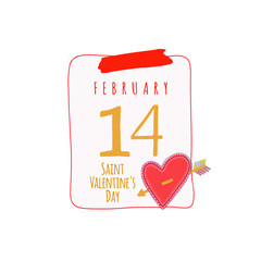 Calendar sheet. With shutter Valentine's Day. February 17. Calendar sheet illustration on white background with heart and arrow illustration. Great for Valentine's Day postcard, wedding invitation.