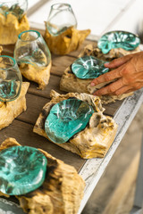 Woman is buying handmade souvenirs stock photo