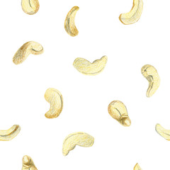 Seamless pattern with cashews on a white background. Peeled nuts and whole nuts in shell. Drawing with colored pencils.