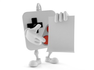 Gamepad character pointing finger on blank sheet of paper