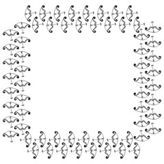 Square frame of bows with arrows. Hand-drawn tribal ancient weapons for shooting and hunting. Sagittarius zodiac sign symbol. Black and white template with place for text. Vector.