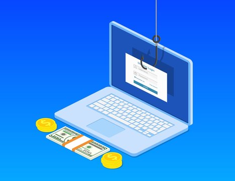 isometric Login into account and fishing hook. Internet phishing, hacked login and password.Computer internet security concept. Anti virus, spyware, malware. Vector illustration in flat style