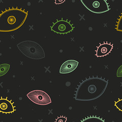 Seamless stylized eyes and background. Perfect for kids room, decorations for advertising, internet, fabric. Yellow, pink, green, cyan and dark gray background.