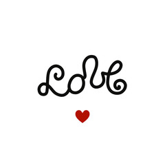 Lettering LOVE with a heart symbol. Black note with red heart on white background.Perfect for Valentine's Day postcards and decorations. Cozy, festive mood.