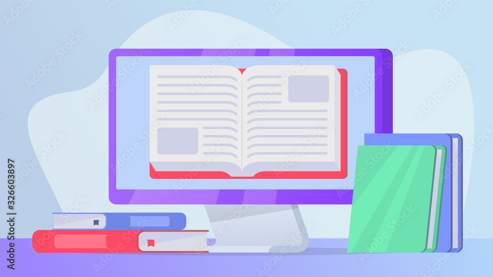 Poster reading online books concept with open book on computer laptop screen