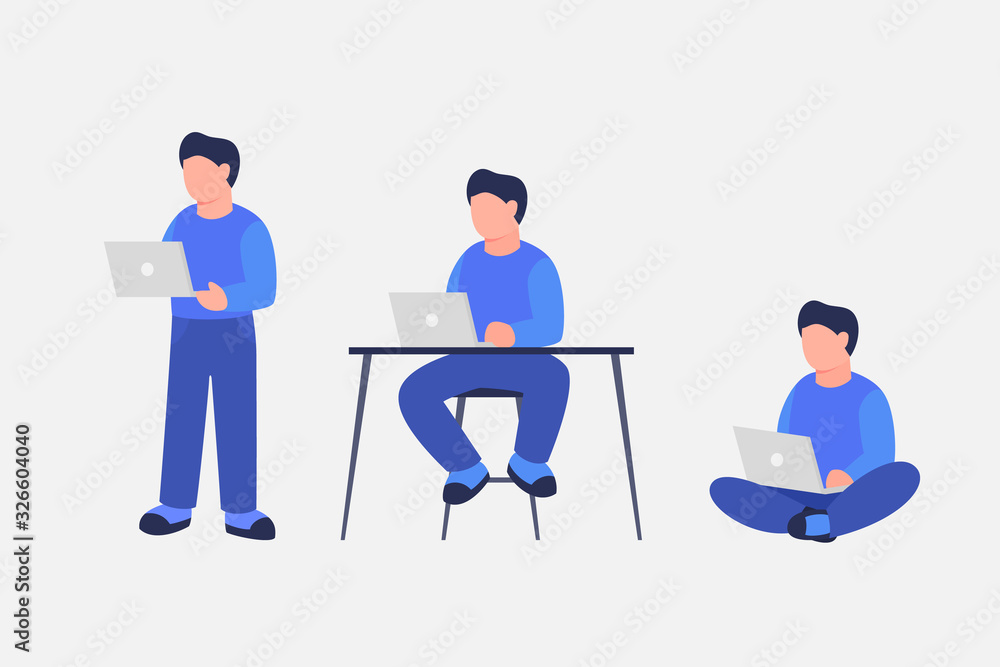 Aufkleber man work using laptop with various position standing sit and sitting cross-legged