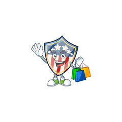 A rich vintage shield badges USA cartoon design waving and holding Shopping bag
