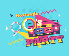 Party time The 90s style label. Vector illustration retro background