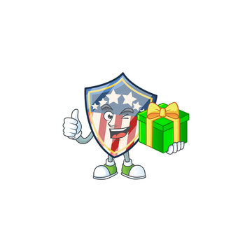 Cute vintage shield badges USA character holding a gift box