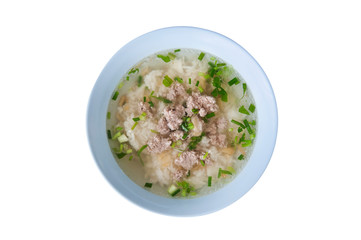 Topview and Di-cut with Boiled rice with pork in the bowl, Thai food 