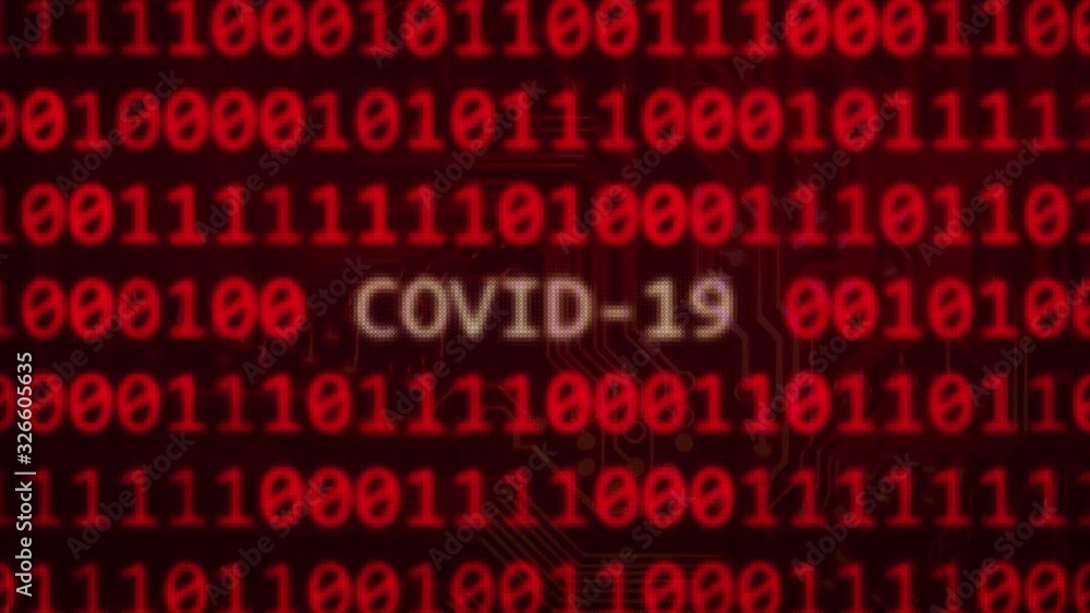 Poster covid-19, the coronavirus scientific code text on random binary code red screen, 3d animation
