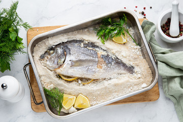 delicious  salt-baked dorada fish, top view