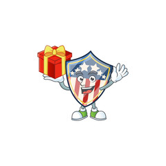 cartoon character of vintage shield badges USA with a box of gift