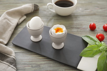Fototapeta na wymiar Fresh boiled eggs on wooden table