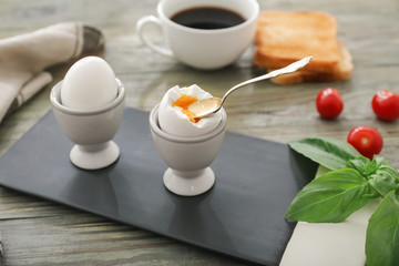 Fototapeta na wymiar Fresh boiled eggs on wooden table
