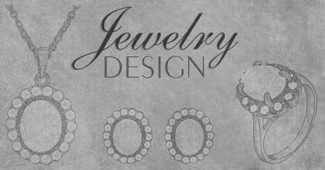 Jewelry design. Pencil drawing of a necklace and a ring with precious stones on a grey background. Background with hand painted diamond ring. Texture background for creativity and advertising