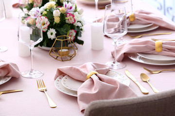 Beautiful table setting for wedding celebration in restaurant