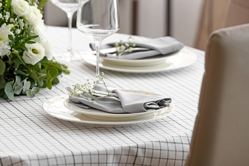 Fototapeta premium Beautiful table setting for wedding celebration in restaurant
