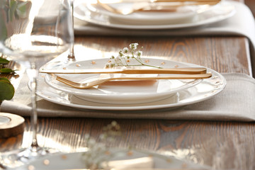 Beautiful table setting for wedding celebration in restaurant