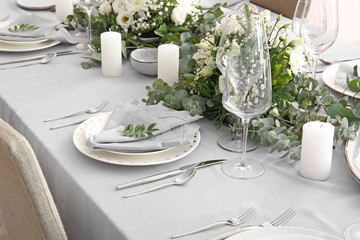 Beautiful table setting for wedding celebration in restaurant