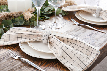 Beautiful table setting for wedding celebration in restaurant