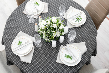 Beautiful table setting for wedding celebration in restaurant