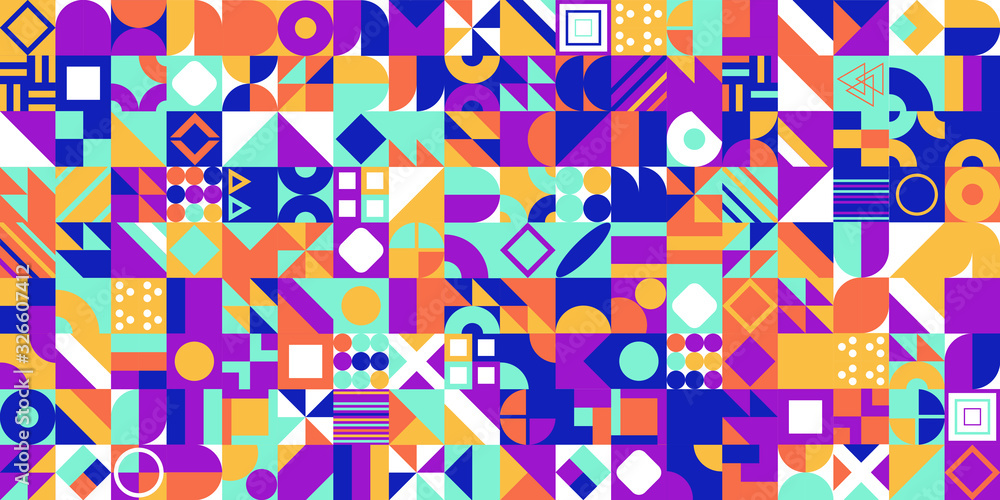 Poster abstract multicolored geometric pattern. different geometric figures background. flat minimal style.