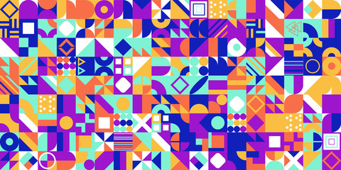 Abstract multicolored geometric pattern. Different geometric figures background. Flat minimal style. Template for your design, wallpaper, banner, poster, flyer