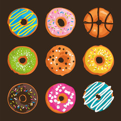 Vector set with bright glazed sweet donuts