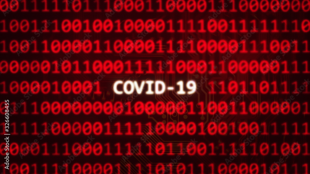 Poster covid-19, the coronavirus scientific code text on random binary code red screen 3d render