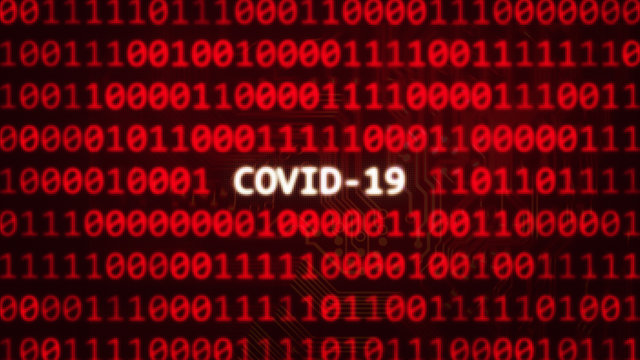 COVID-19, The Coronavirus scientific code text on random binary code red screen 3D render
