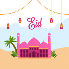 Pink Mosque with Palm Tree and Hanging Illuminated Lanterns Decorated on Peach and Clouds Background for Eid Mubarak Celebration.
