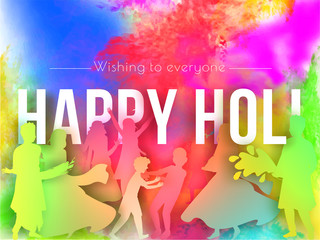 Wishing To Everyone Happy Holi Text with Paper Cut People Enjoying or Celebrating on Color Splash Background.