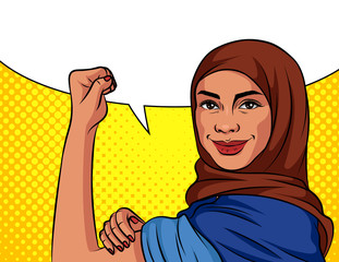 Colored vector illustration in pop art style. An Arabic woman in a headscarf is fighting for her rights. Poster on the topic of female labor, power and feminism. Muslim woman on dotted background