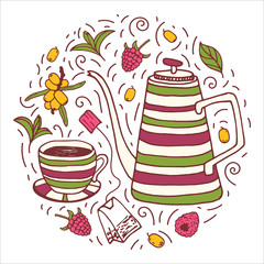 Vector illustration of a teapot and Cup in a circle with herbs, tea bag, raspberry and sea buckthorn berries