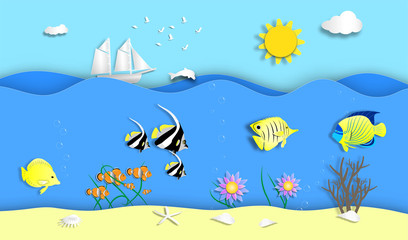 Fototapeta na wymiar World Oceans Day with beautiful sea fish of paper art style ,vector or illustration with oceans and protect conservation concept