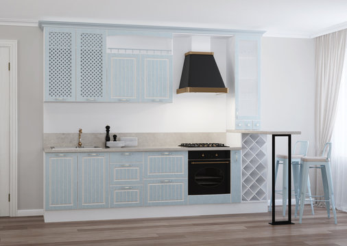 The interior of the kitchen in a private house. Blue kitchen in a classic style. 3d rendering.
