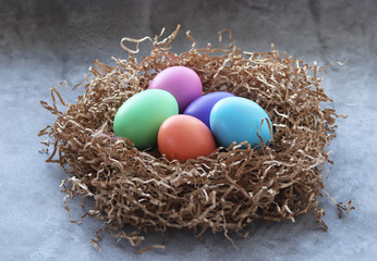 Easter colored eggs lie in a decorative nest on a gray cement background. selective focus. Side view
