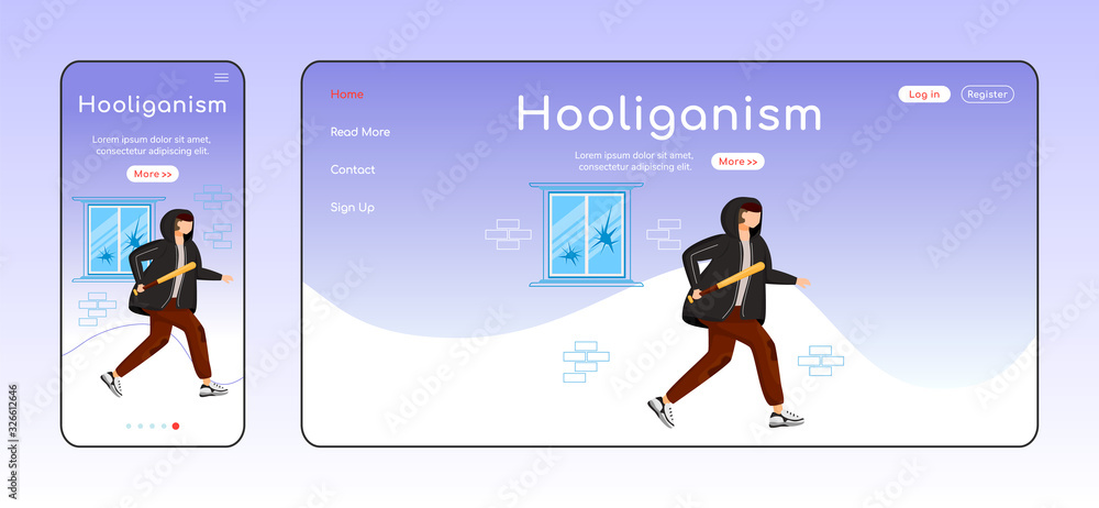 Aufkleber hooliganism adaptive landing page flat color vector template. guy with baseball bat. vandalism mobil