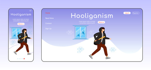 Hooliganism adaptive landing page flat color vector template. Guy with baseball bat. Vandalism mobile and PC homepage layout. Street bully one page website UI. Webpage cross platform design - obrazy, fototapety, plakaty