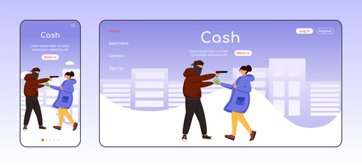 Cash theft adaptive landing page flat color vector template. Thief threatening girl. Street robbery mobile and PC homepage layout. Armed attack one page website UI. Webpage cross platform design