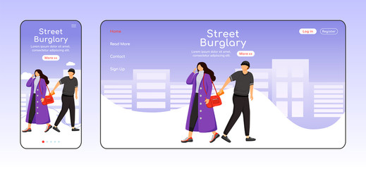 Obraz na płótnie Canvas Street burglary adaptive landing page flat color vector template. Man stealing wallet from womans bag. Pickpocketing mobile and PC homepage layout. One page website UI. Webpage cross platform design