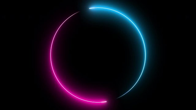 Colored neon animation on a black background. Luminous frame in blue and red. 3d rendering video.
