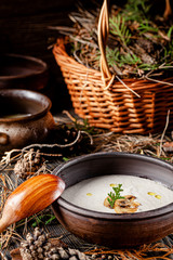 Obraz na płótnie Canvas European cuisine in Ukrainian style. Mushroom cream soup puree with mushrooms. background image, copy space text