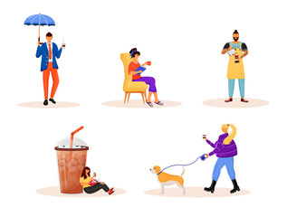 Coffee culture flat color vector faceless characters set. Caucasian people resting on weekend. Drink takeout. Woman and man with drinks isolated cartoon illustrations on white background